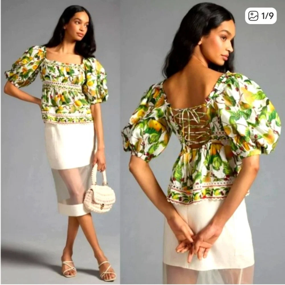 Farm Rio Fruit Orchard Puff Sleeve Lace Up Blouse Womens Small NWT